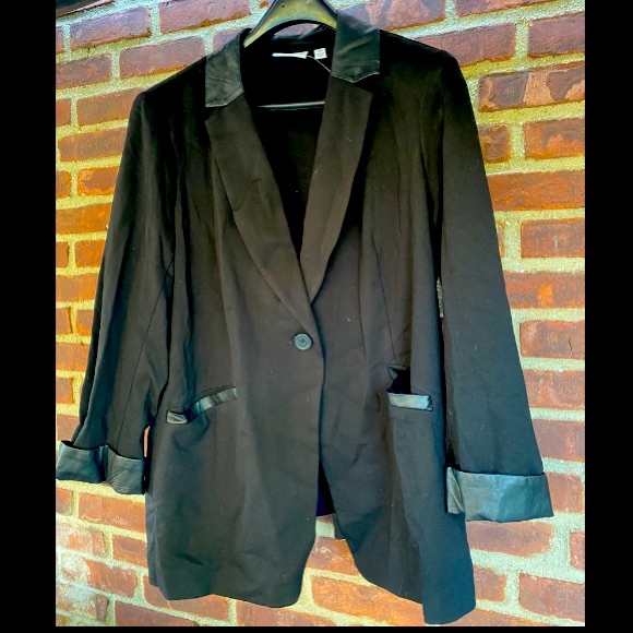 Euc Susan Graver Ponte Blazer Suit Jacket W/ Faux Leather Trim Black 22w